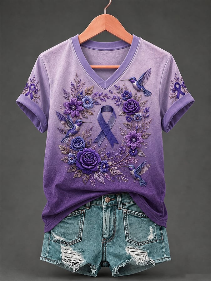 Women's Casual Floral Print V Neck T-shirt