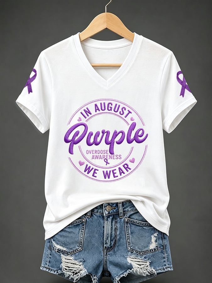 Women's In August We Wear Purple Overdose Awareness Print T-shirt