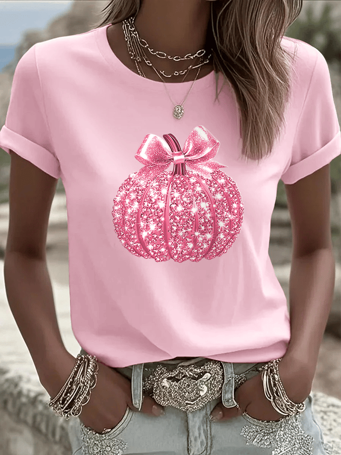 Women's Breast Cancer Sequined Pumpkin Print Crew Neck T-Shirt