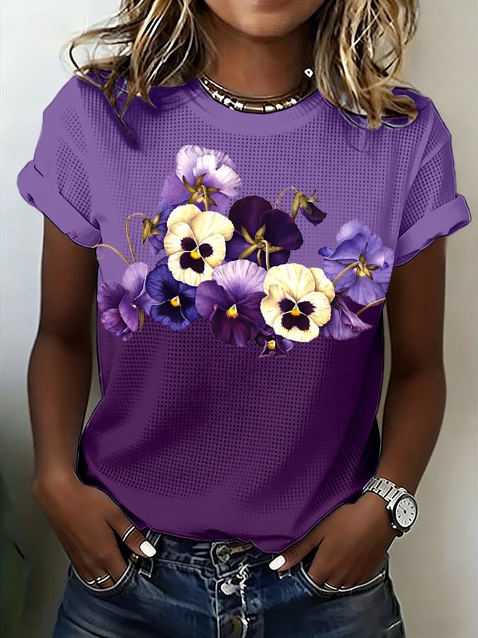 Women's Alzheimer's Disease Awareness Floral Print Casual Waffle T-shirt