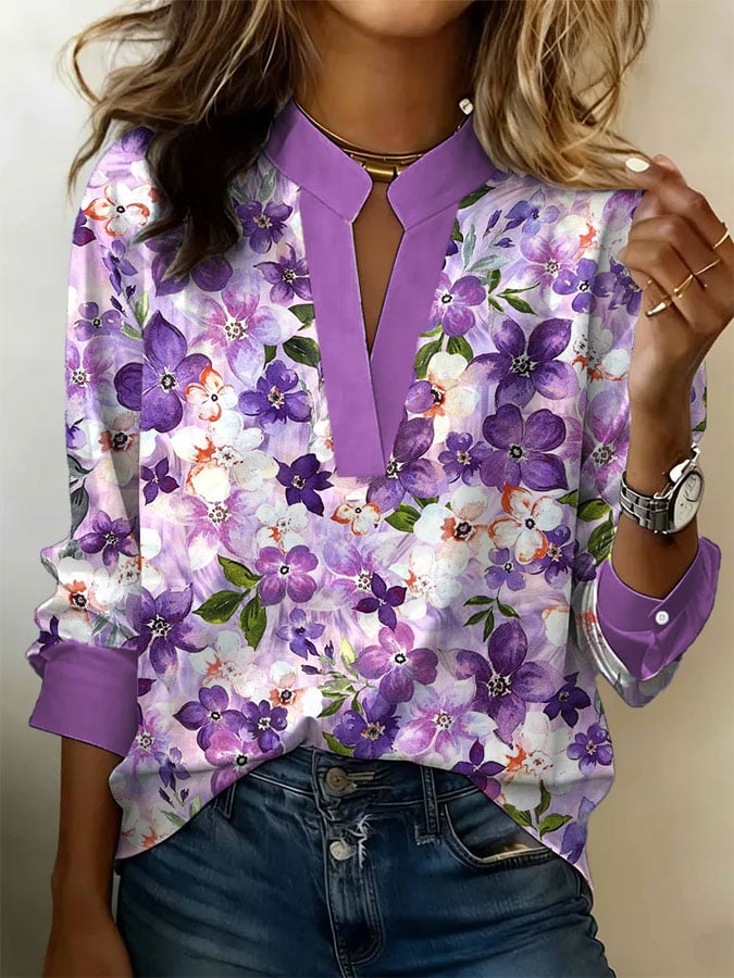Women's Vintage Purple Floral Print Art Shirt