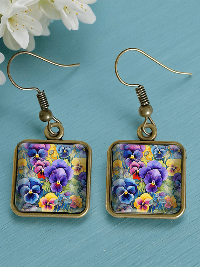 Pansy Floral Vintage Copper Time Gemstone Crystal Glass Square Earrings
