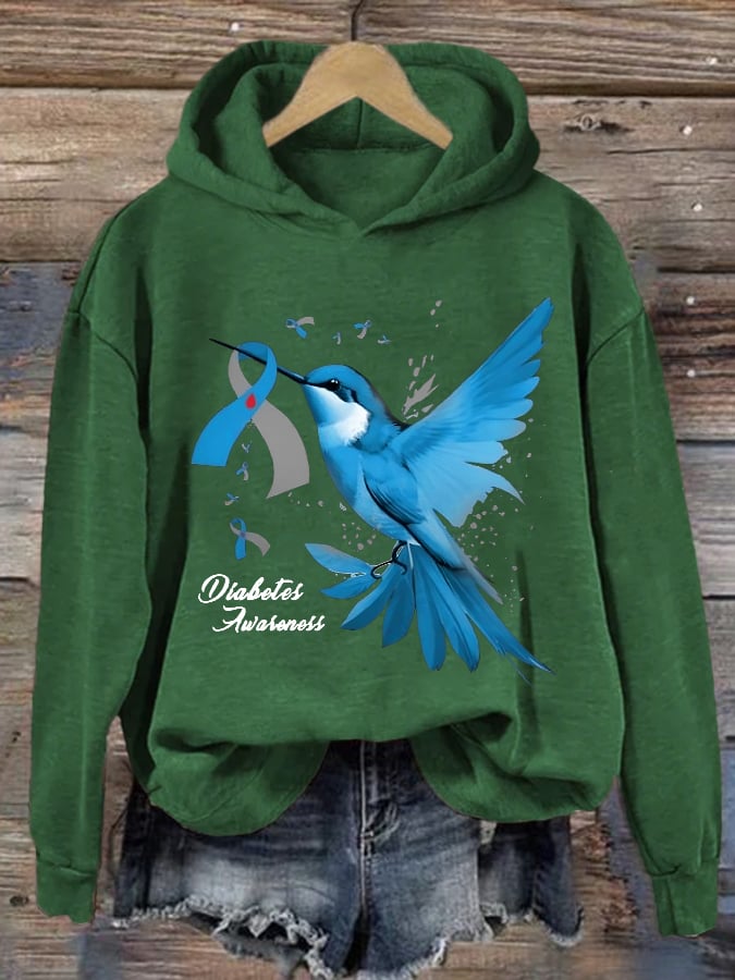 Women's Retro Hummingbird Diabetes Awareness Print Hoodie