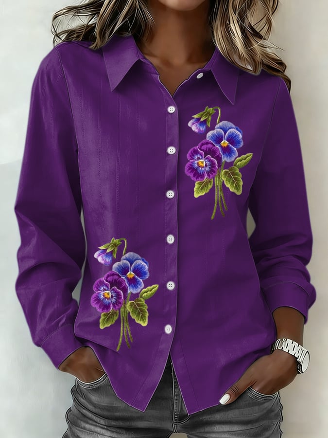 Women's Alzheimer's Disease Awareness Floral Print Casual Collared Shirt