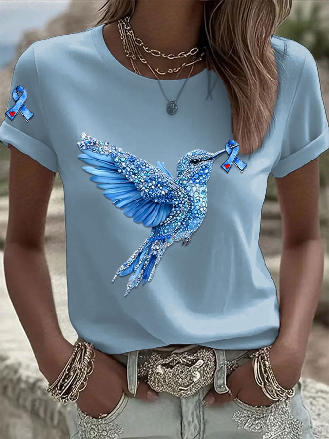 Women's Diabetes Awareness Hummingbird Ribbon Print Casual T-Shirt
