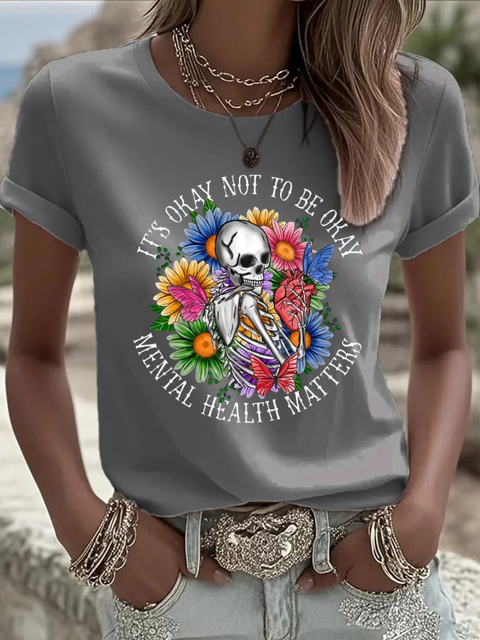 Women's Mental Health Gothic Flower Skull Print Casual T-shirt
