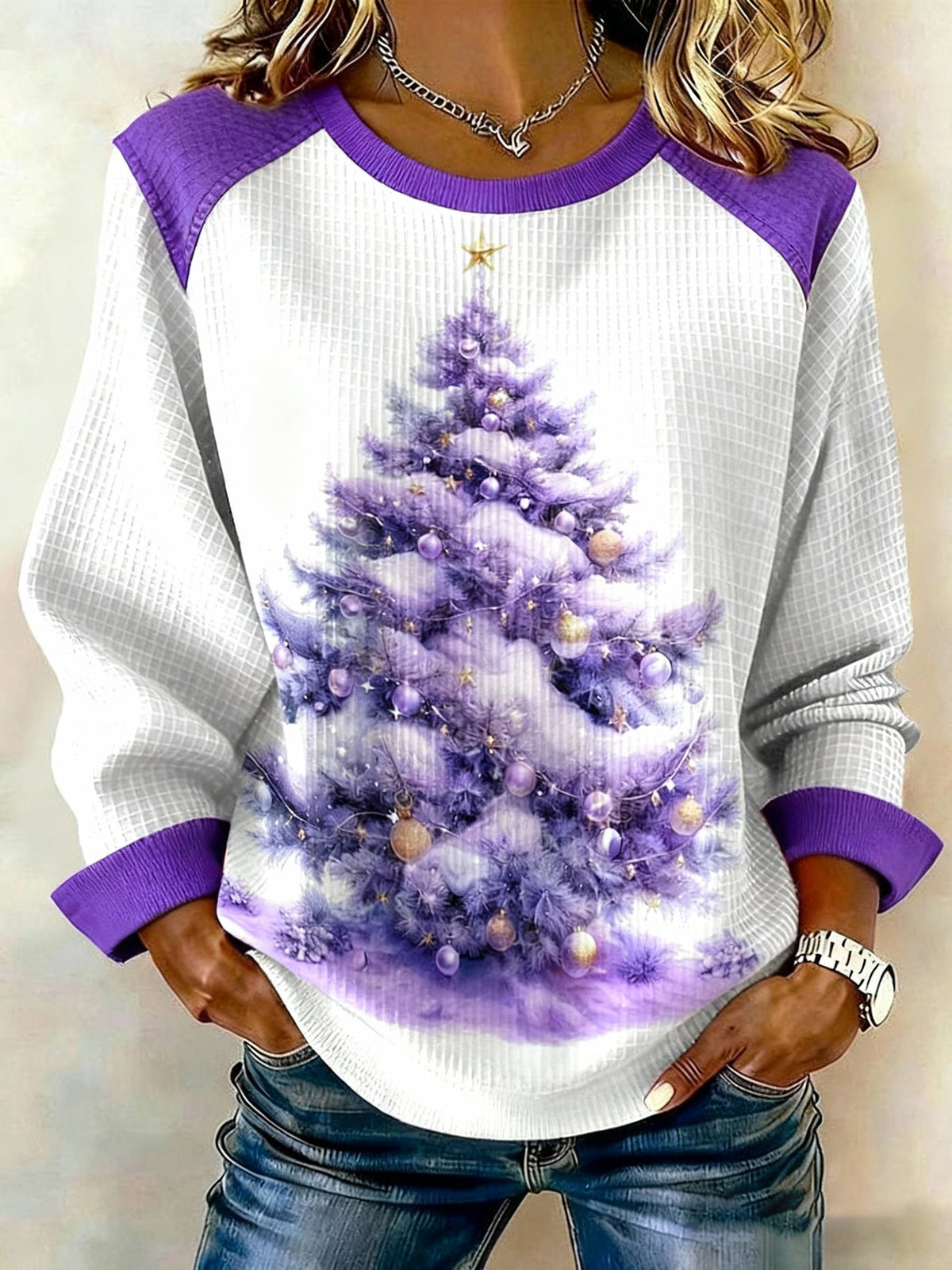 Women's Purple Art Christmas Alzheimer's Awareness Patchwork Casual Sweatshirt