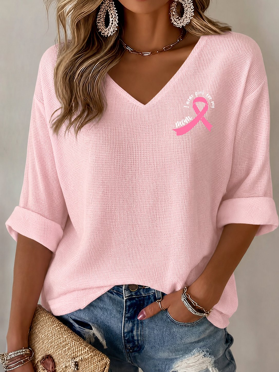 V-Neck The Power of Pink Print T-shirt
