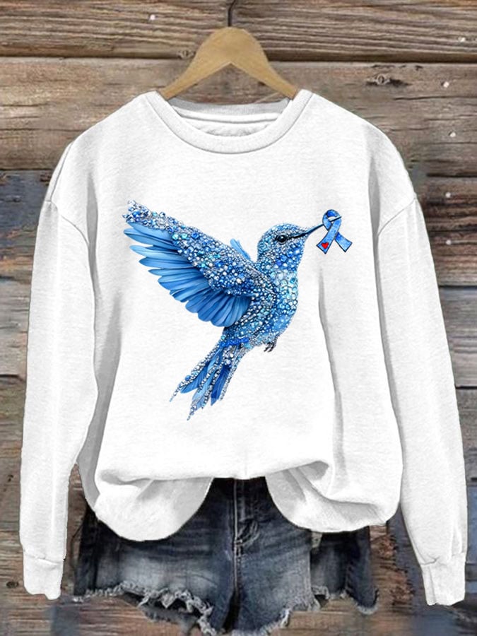 Women's Diabetes Awareness Hummingbird Ribbon Print Sweatshirt