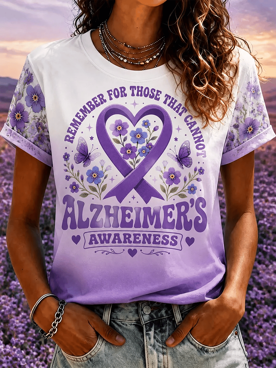 Women's Heart Shaped Purple Ribbon Wildflower Butterfly Alzheimer's Awareness Print Crew Neck T-Shirt
