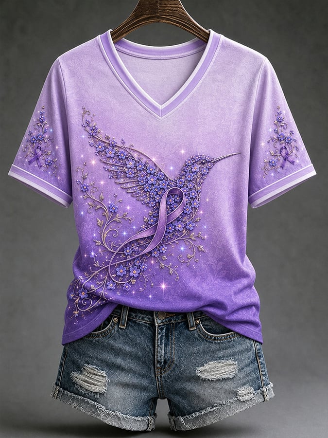 Women's Retro Alzheimer's Disease Hummingbird And Floral Print Comfortable T-Shirt