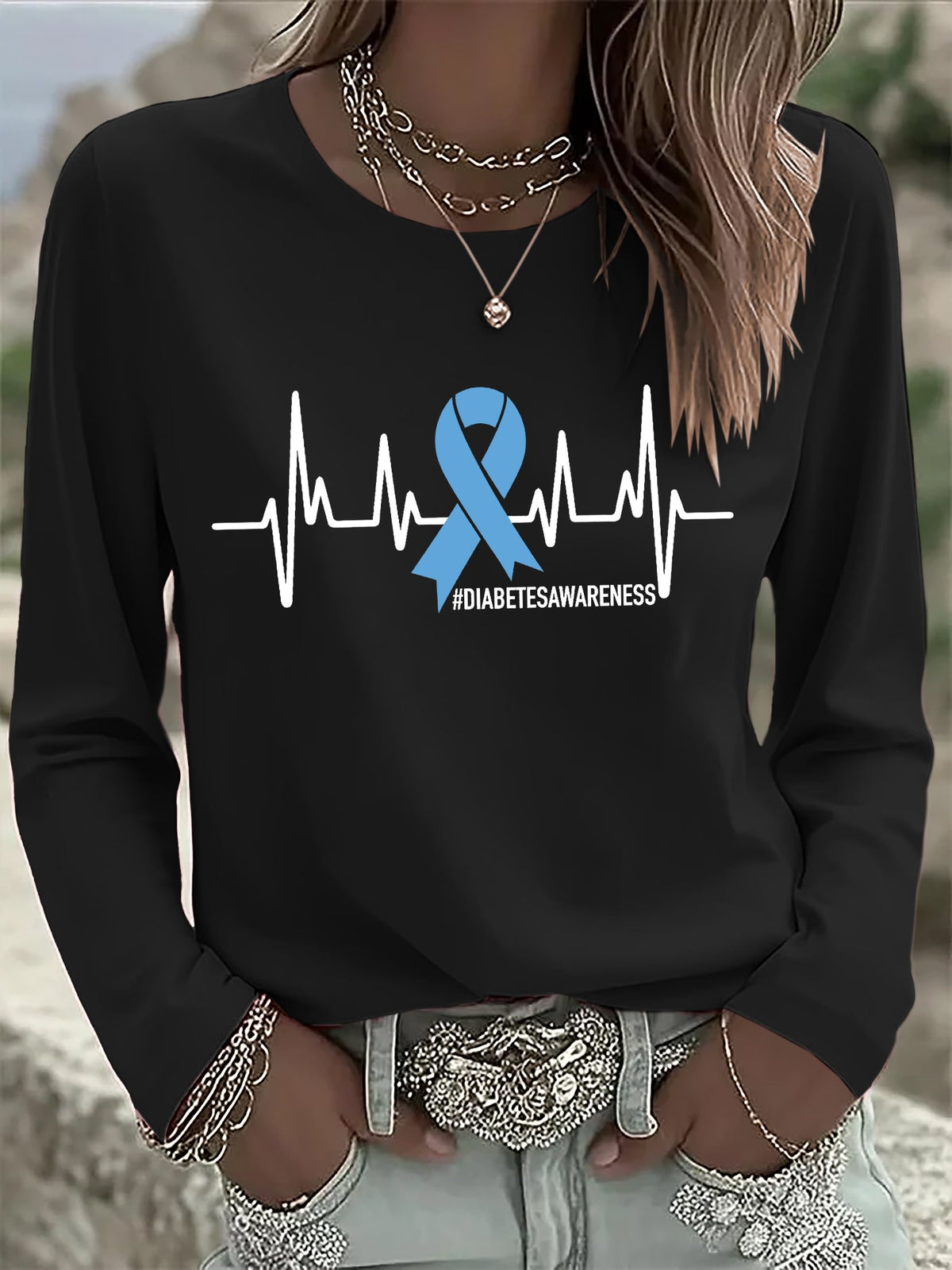 Women's Retro Diabetes Awareness Heartbeat Line Print T-shirt