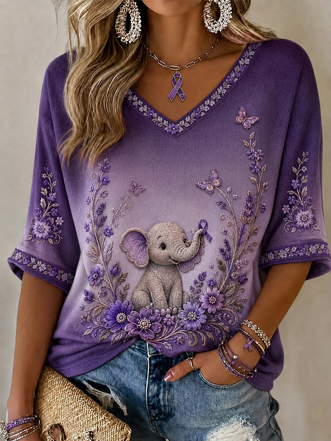 Women's Retro Alzheimer's Disease Hummingbird And Floral Print Comfortable T-Shirt