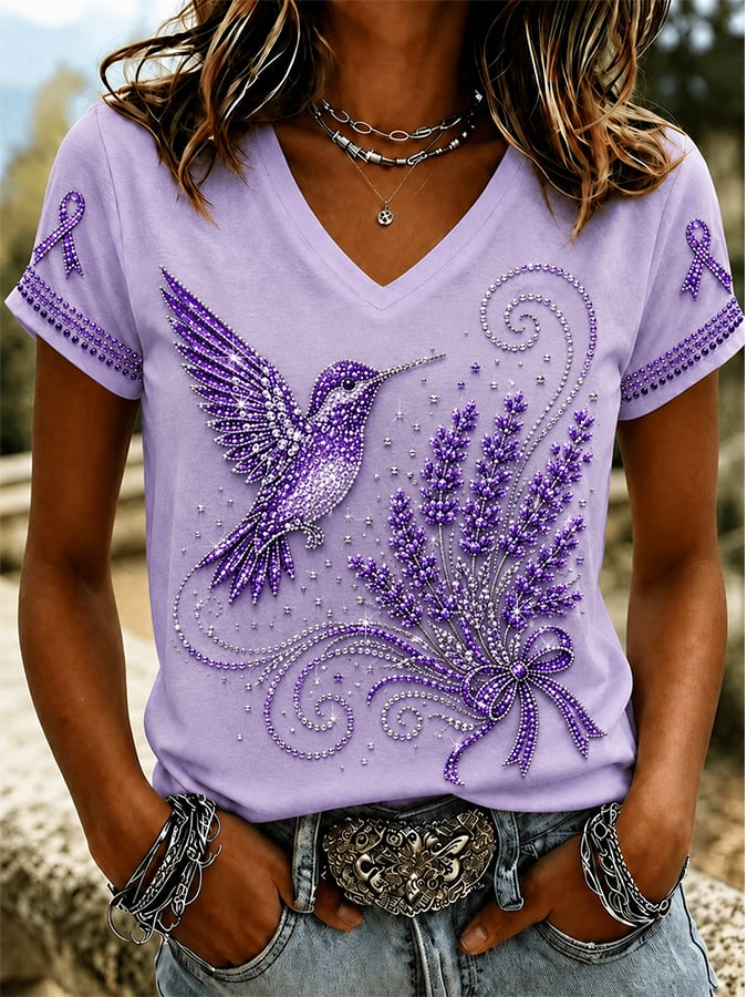 Women's Retro Alzheimer's Disease Hummingbird And Floral Print Comfortable T-Shirt