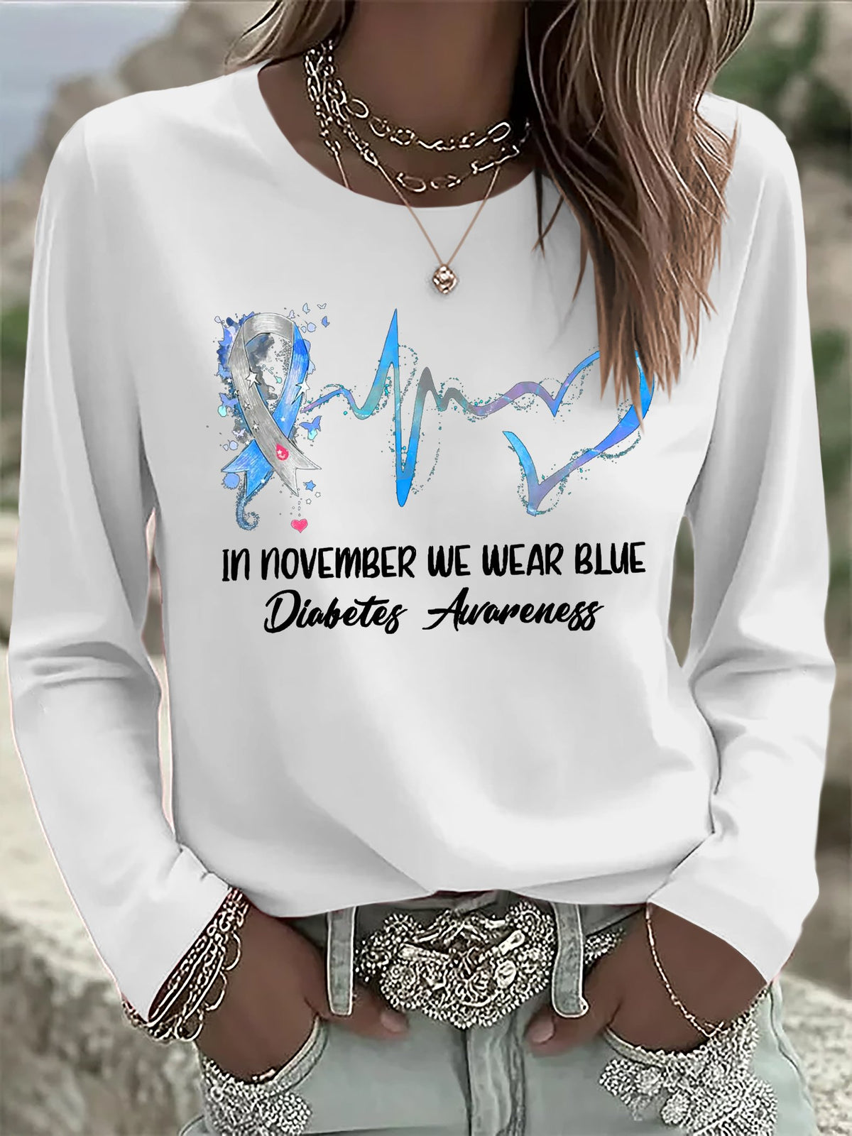 Women's Retro In November We Wear Blue Diabetes Awareness Print T-shirt