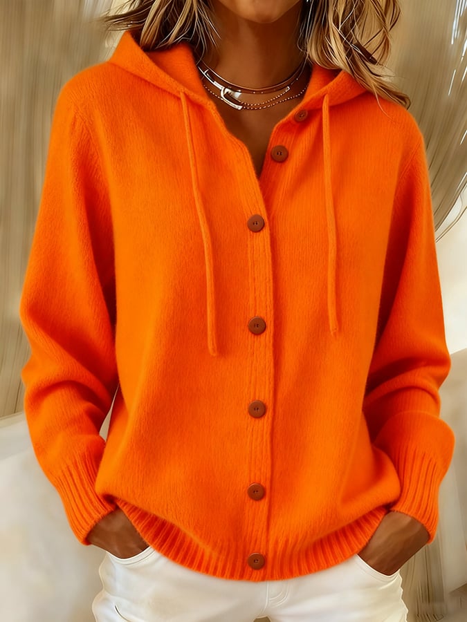 Women's Casual Retro Solid Color Knitted Hooded Cardigan