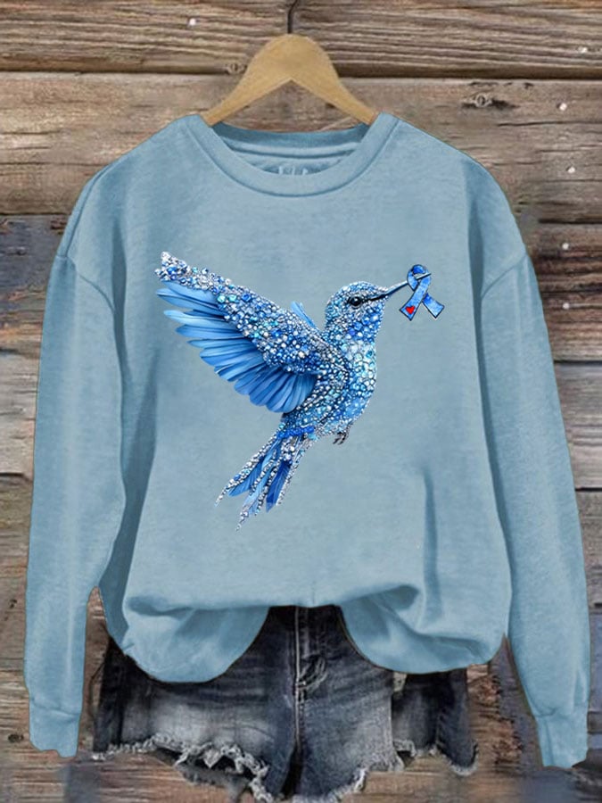 Women's Diabetes Awareness Hummingbird Ribbon Print Sweatshirt
