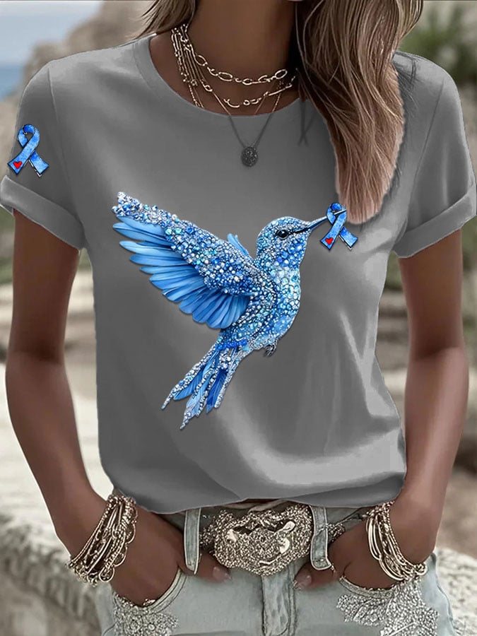 Women's Diabetes Awareness Hummingbird Ribbon Print Casual T-Shirt