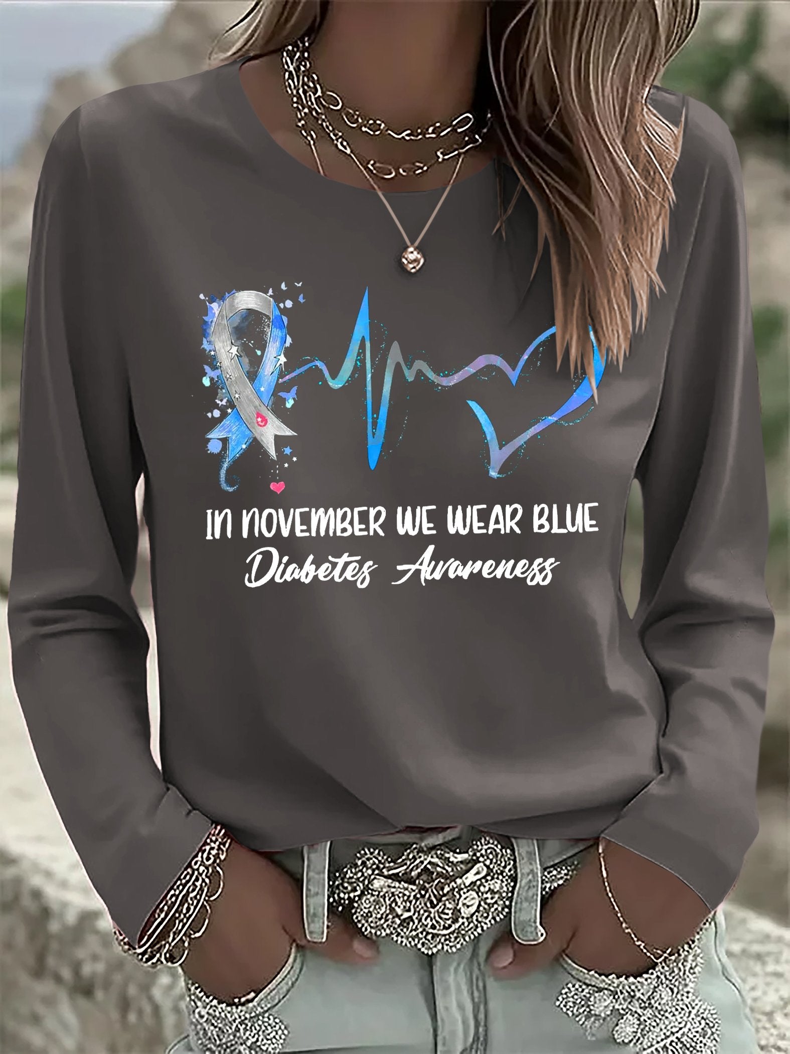 Women's Retro In November We Wear Blue Diabetes Awareness Print T-shirt