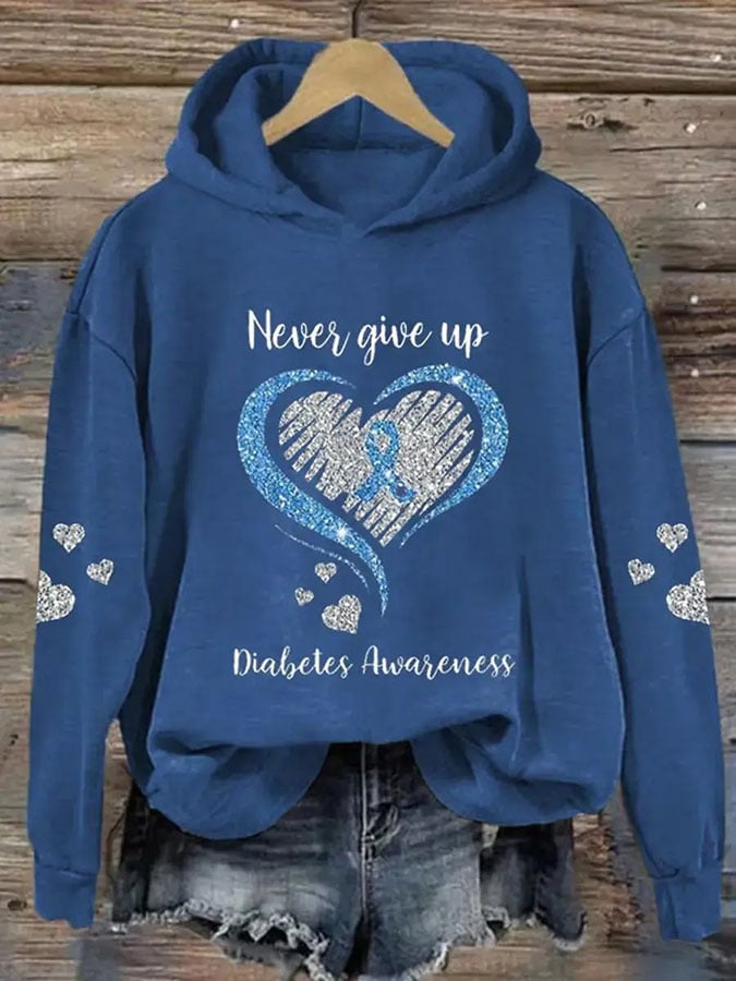 Women's Never Give Up Diabetes Awareness Print Casual Sweatshirt
