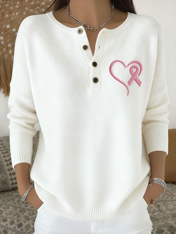 Women's Casual Breast Cancer Heart Ribbon Print Knit Top