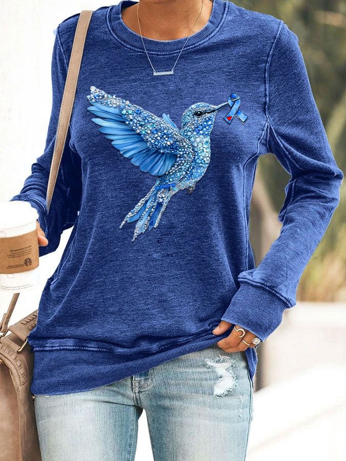 Women's Diabetes Awareness Hummingbird Ribbon Print Sweatshirt