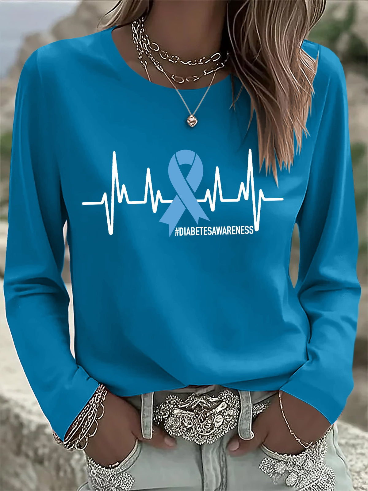 Women's Retro Diabetes Awareness Heartbeat Line Print T-shirt