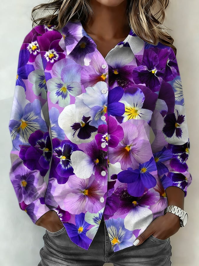 Women's Alzheimer's Disease Awareness Floral Print Casual Collared Shirt