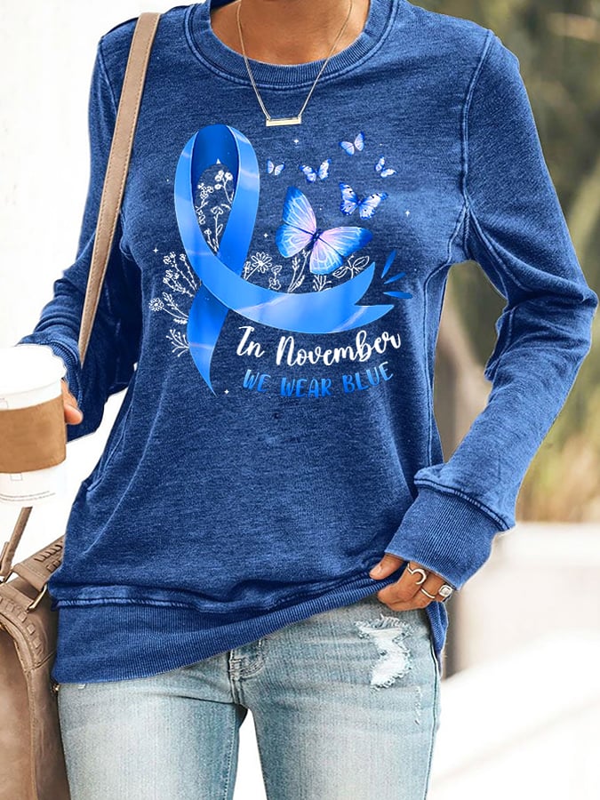 Women's Retro In November We Wear Blue Diabetes Awareness Print Round Neck Sweatshirt