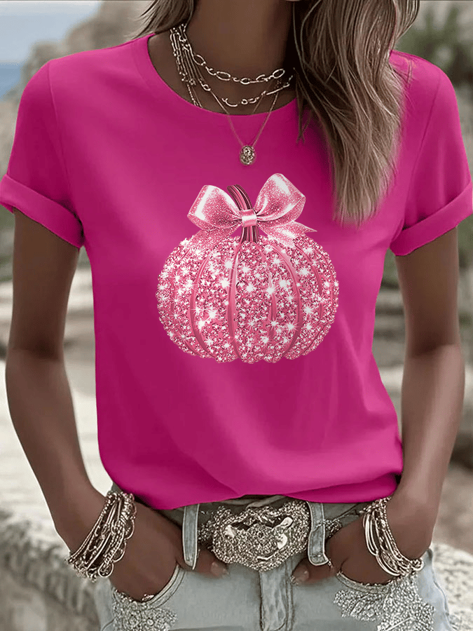 Women's Breast Cancer Sequined Pumpkin Print Crew Neck T-Shirt