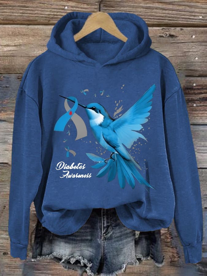 Women's Retro Hummingbird Diabetes Awareness Print Hoodie