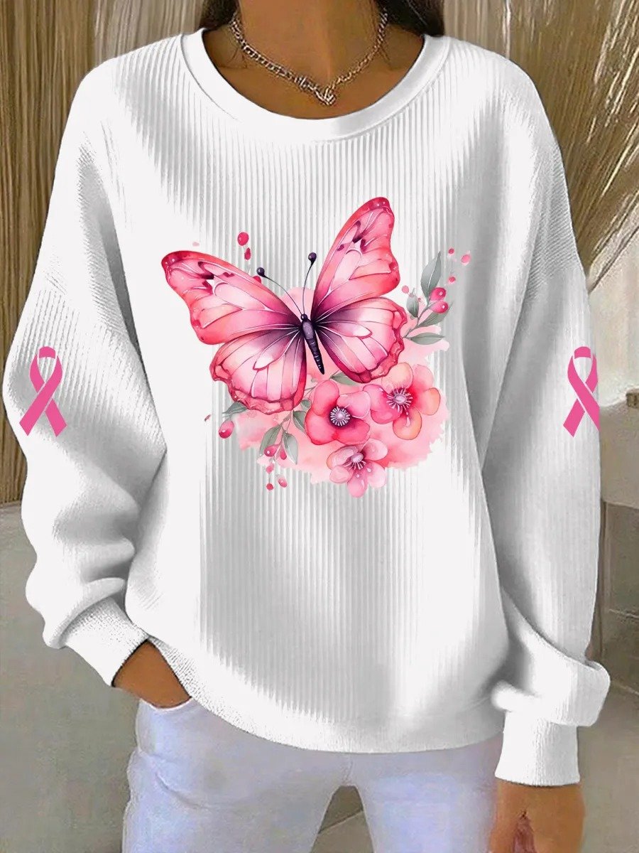 Women's Breast Cancer Butterfly Ribbon Print Knit Crew Neck Long Sleeve Top