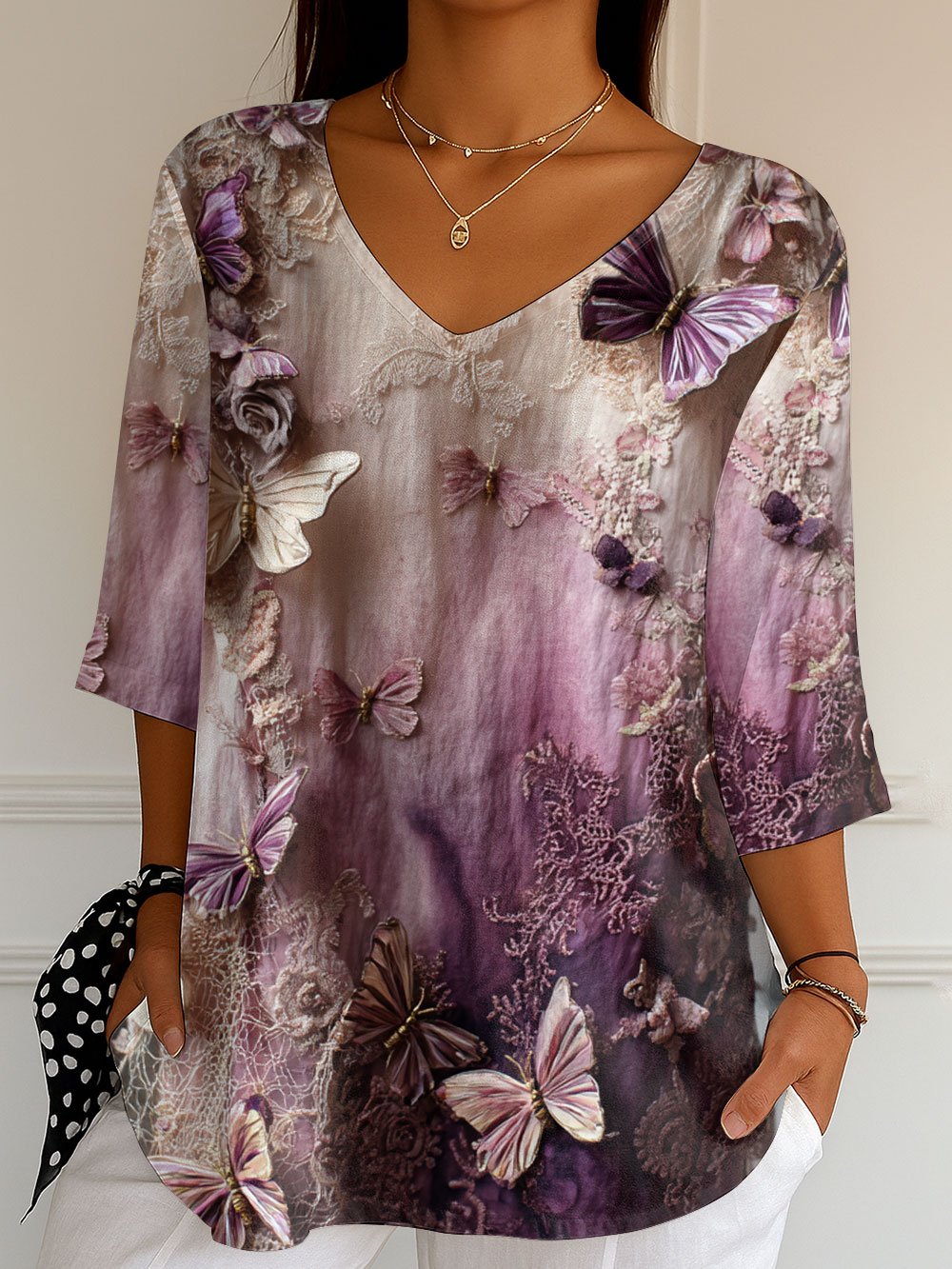 Women's Retro Purple Butterfly Art Print Short Sleeve T-shirt