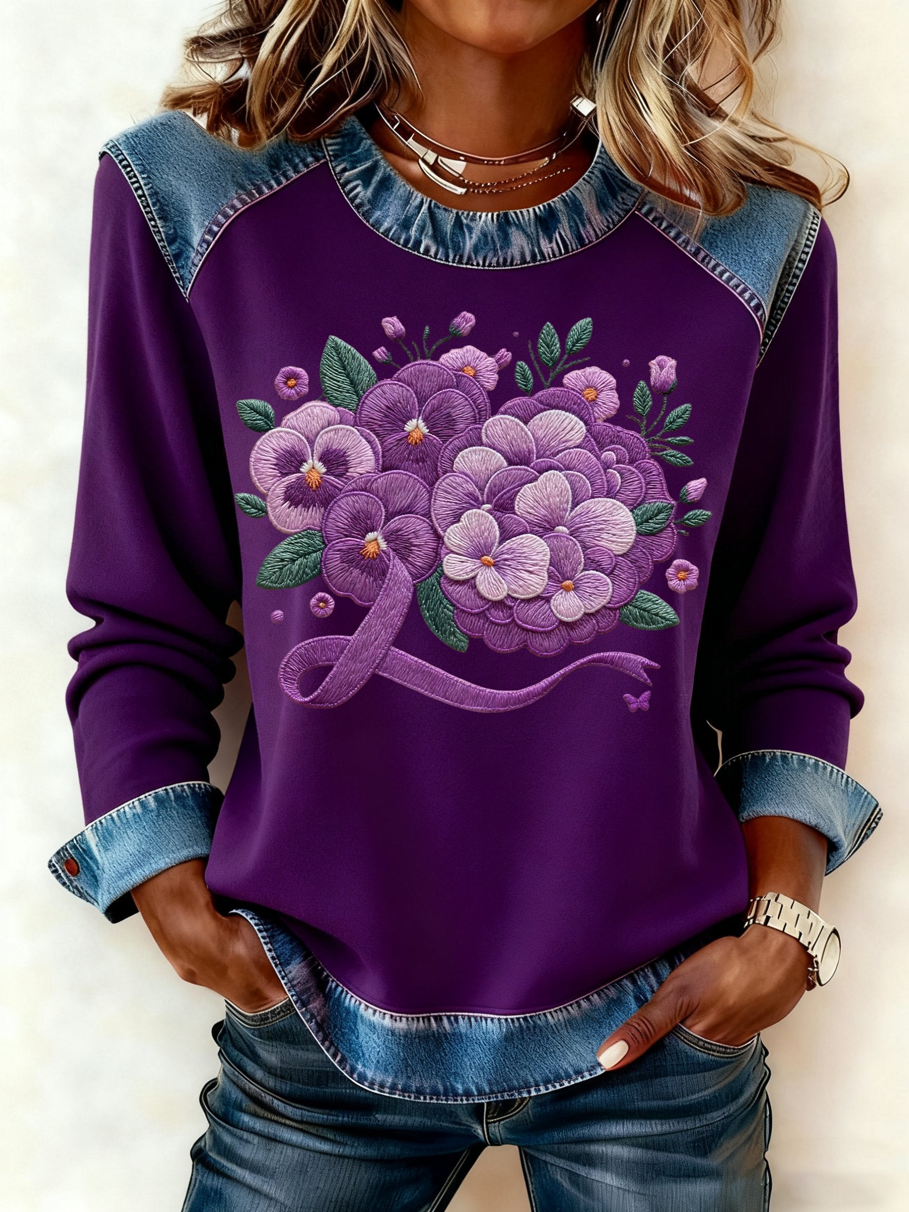 Women's winter purple faux embroidered floral print patchwork top