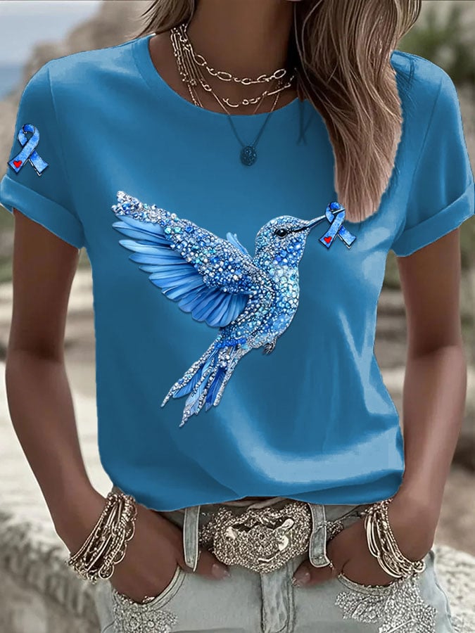 Women's Diabetes Awareness Hummingbird Ribbon Print Casual T-Shirt