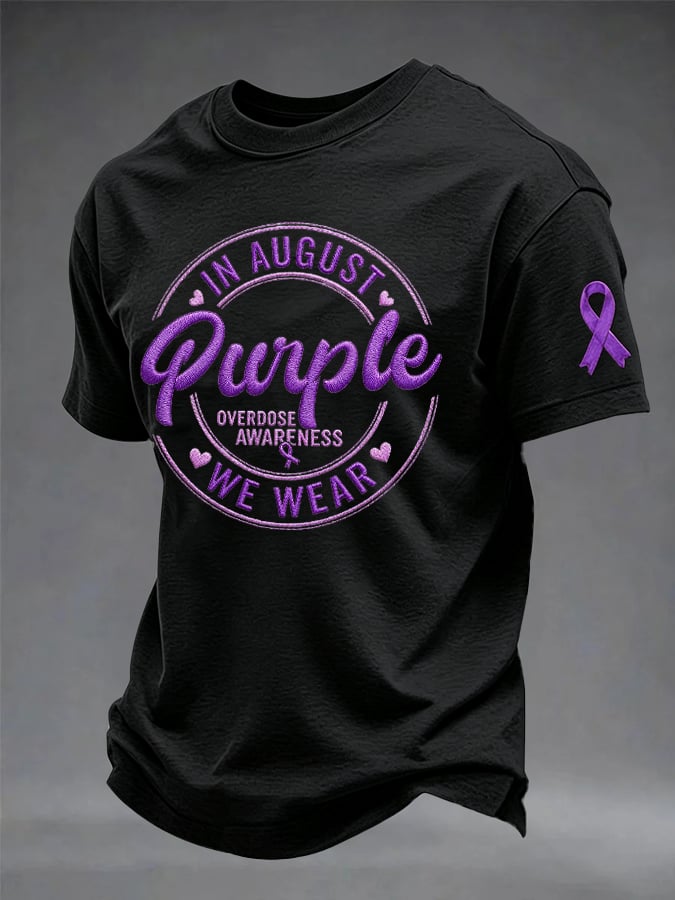 Men's In August We Wear Purple Overdose Awareness Print Casual T-shirt