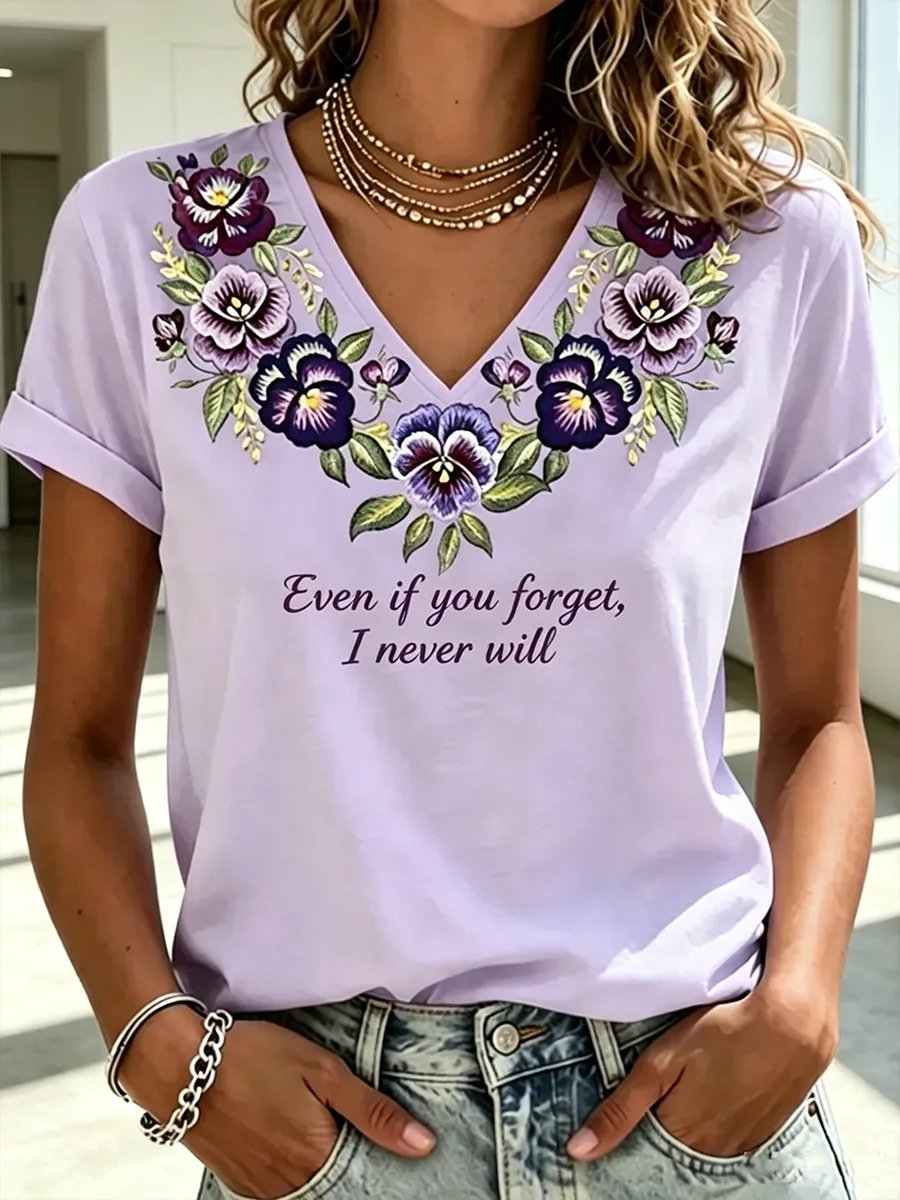 Women's Alzheimer's Awareness Floral Art V-Neck Short-Sleeve T-Shirt