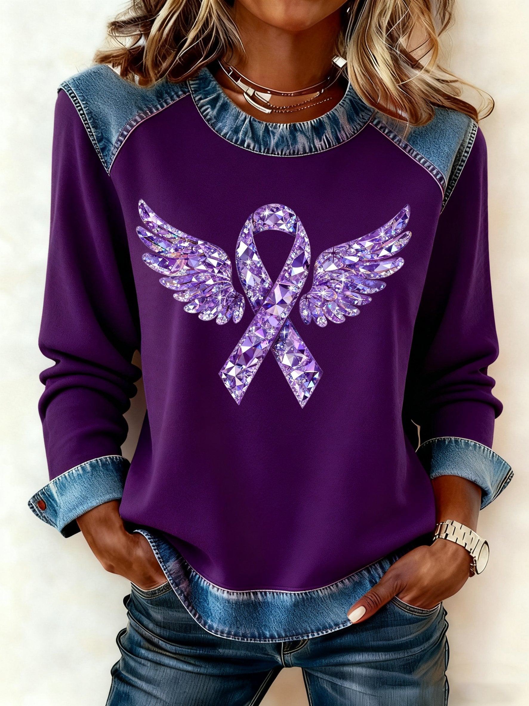 Women's winter purple ribbon wing print patchwork top