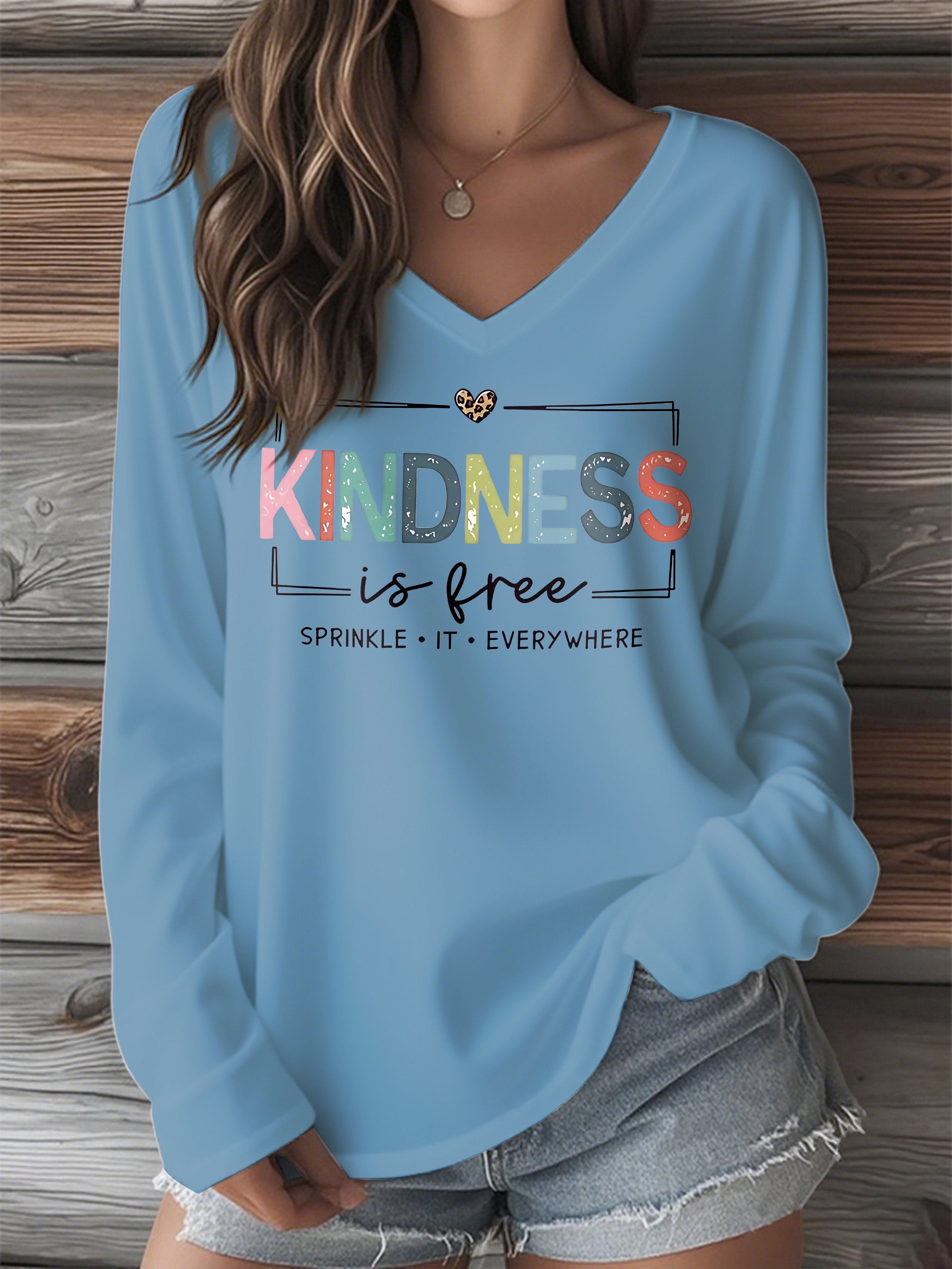 Women's Kindness Print V-Neck Long Sleeve T-Shirt