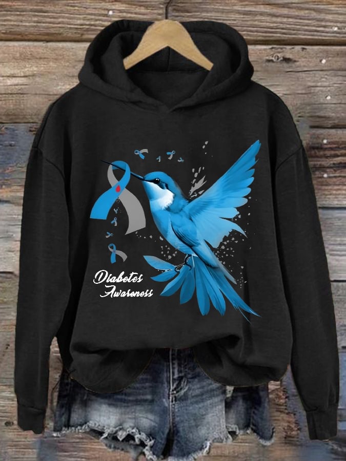 Women's Retro Hummingbird Diabetes Awareness Print Hoodie