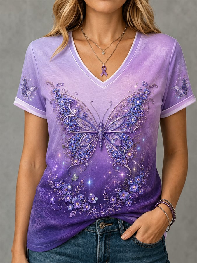 Women's Retro Alzheimer's Disease Hummingbird And Floral Print Comfortable T-Shirt