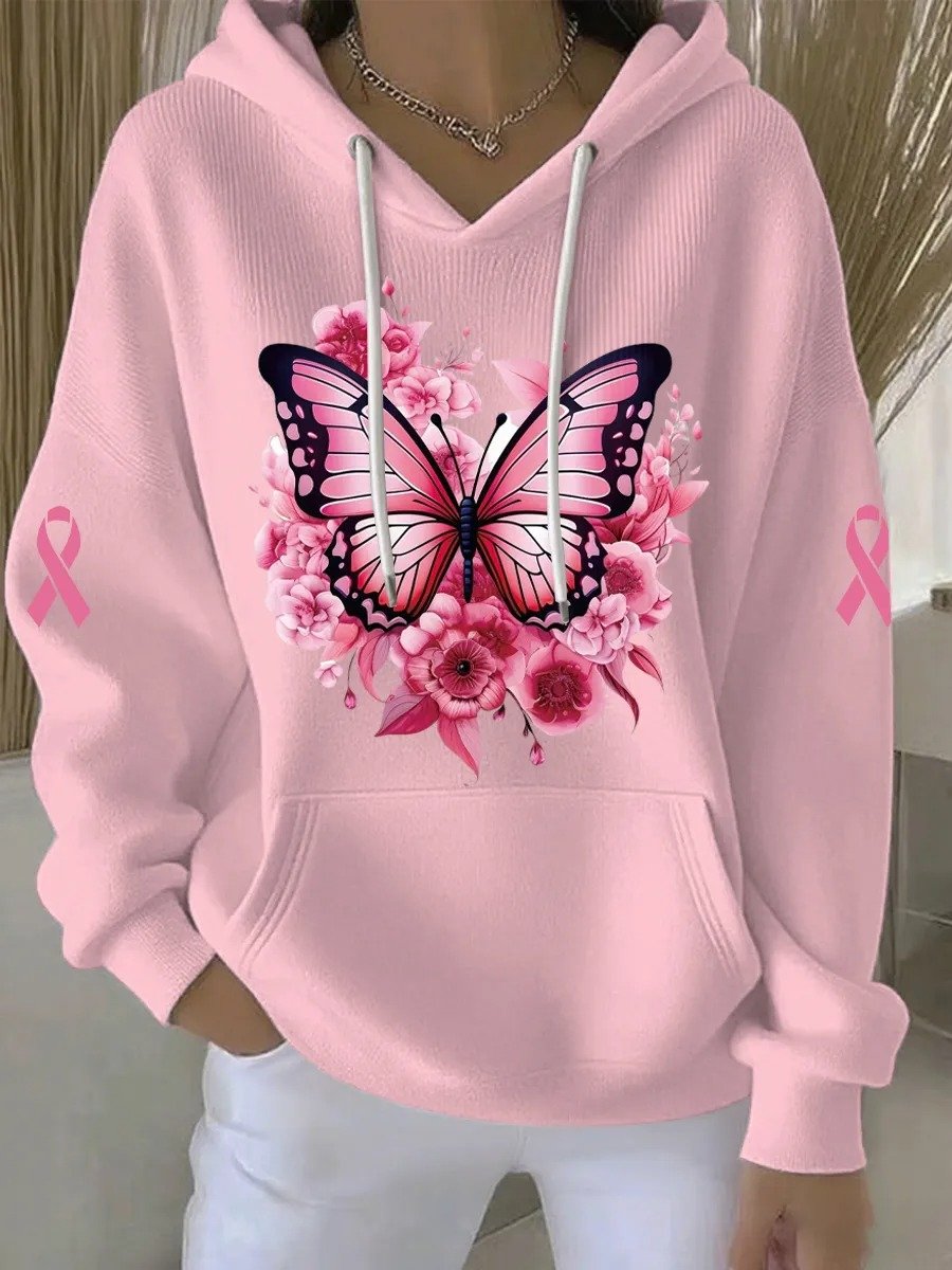 Women's Breast Cancer Butterfly Ribbon Print Knit Crew Neck Long Sleeve Top