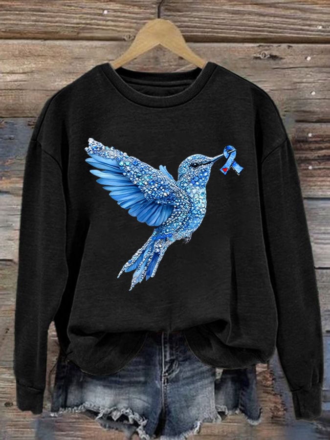 Women's Diabetes Awareness Hummingbird Ribbon Print Sweatshirt