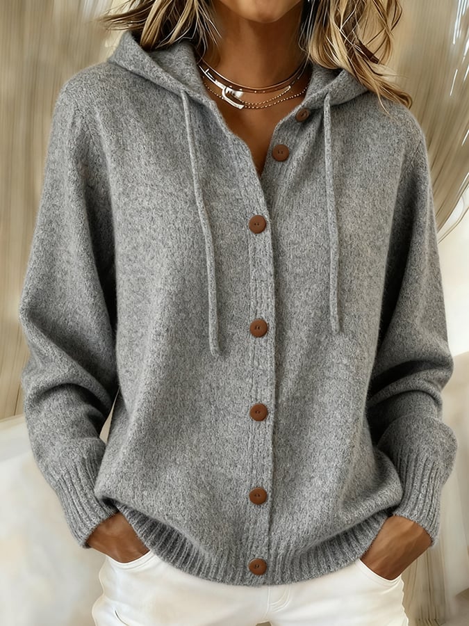 Women's Casual Retro Solid Color Knitted Hooded Cardigan
