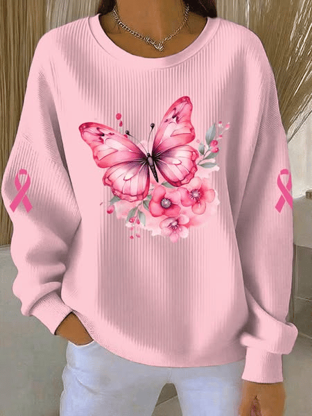 Women's Breast Cancer Butterfly Ribbon Print Knit Crew Neck Long Sleeve Top