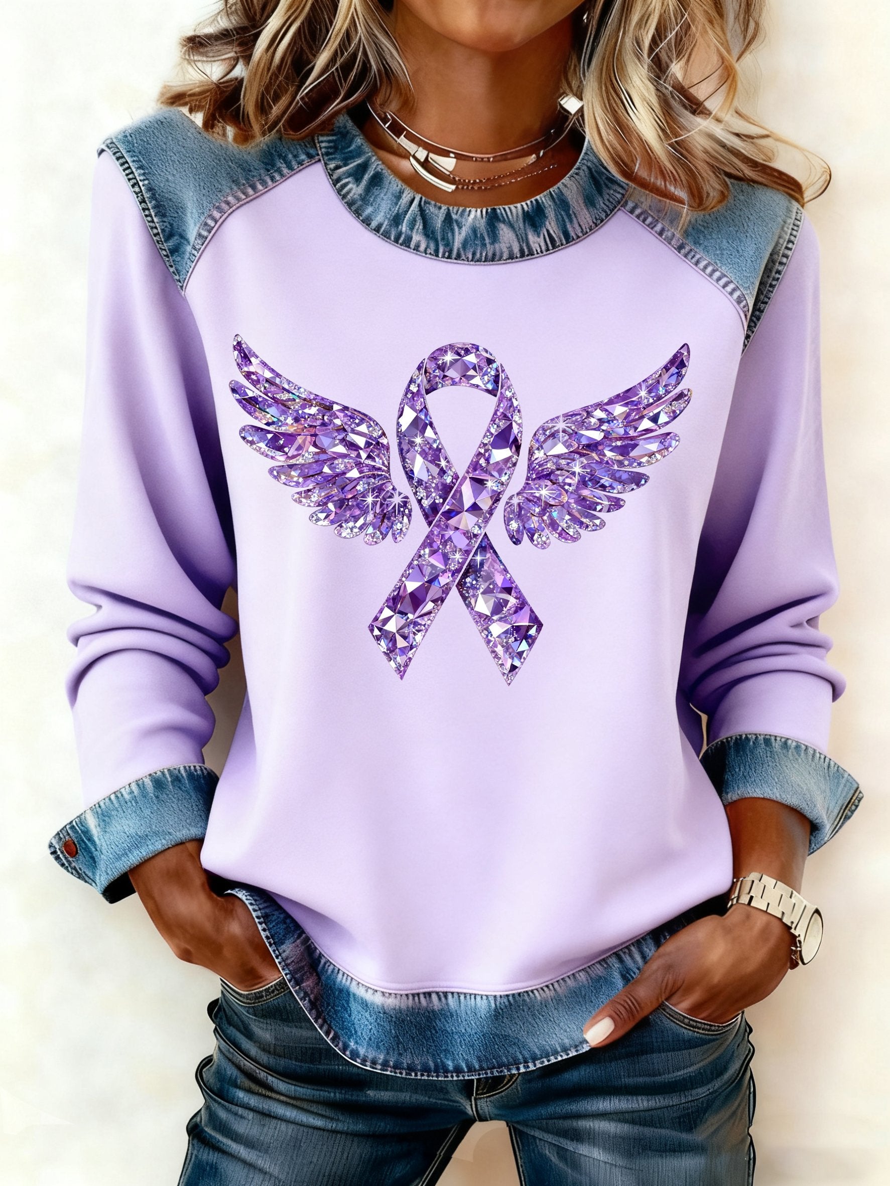 Women's winter purple ribbon wing print patchwork top