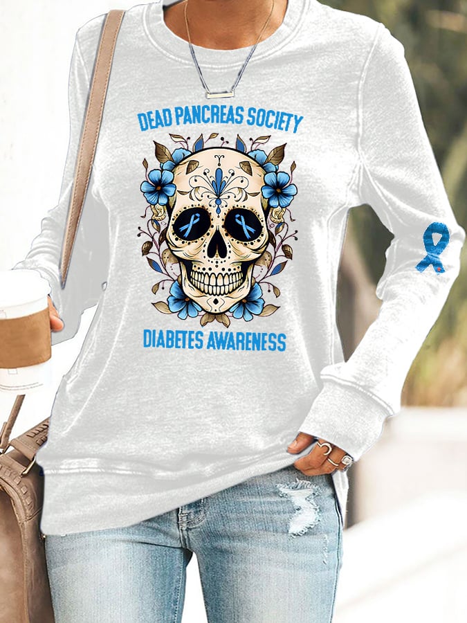Women's Retro Dead Pancreas Society Diabetes Awareness Print Round Neck Sweatshirt