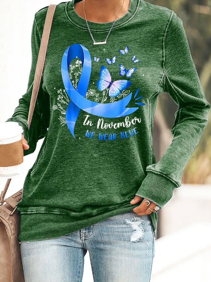 Women's Retro In November We Wear Blue Diabetes Awareness Print Round Neck Sweatshirt