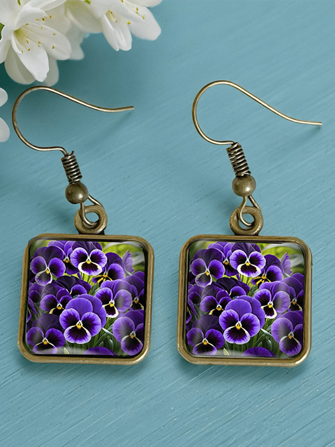 Pansy Floral Vintage Copper Time Gemstone Crystal Glass Square Earrings