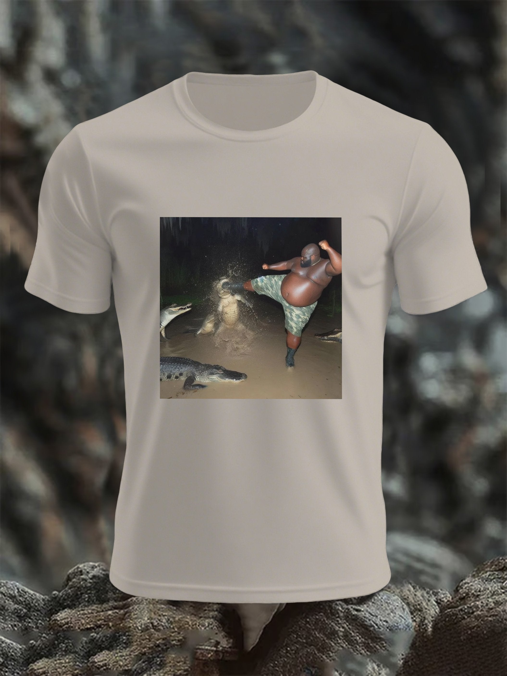 Men's humor, mental health, man kicking alligator in swamp pool, funny top